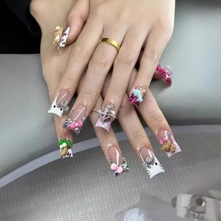 10pcs Handmade Nail Tips French 3D Hello Kitty Charm Decor Fake Nails Mid - length Duck Press on Nail Korean Sweet Lady Fake Nails - Nikki Love Nails