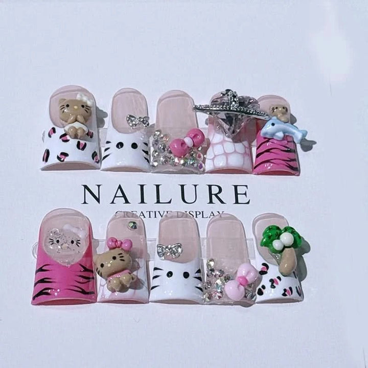 10pcs Handmade Nail Tips French 3D Hello Kitty Charm Decor Fake Nails Mid - length Duck Press on Nail Korean Sweet Lady Fake Nails - Nikki Love Nails