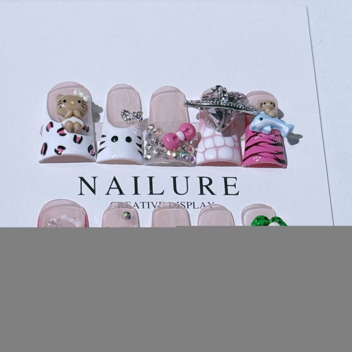 10pcs Handmade Nail Tips French 3D Hello Kitty Charm Decor Fake Nails Mid - length Duck Press on Nail Korean Sweet Lady Fake Nails - Nikki Love Nails