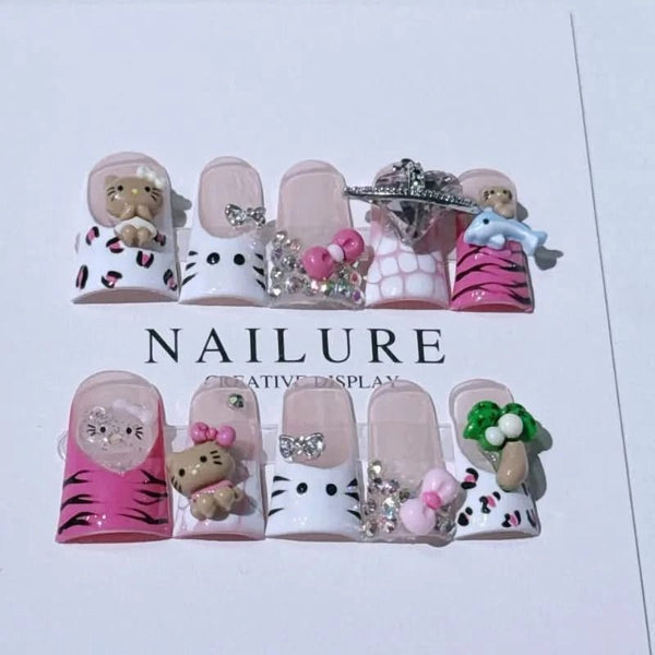 10pcs Handmade Nail Tips French 3D Hello Kitty Charm Decor Fake Nails Mid - length Duck Press on Nail Korean Sweet Lady Fake Nails - Nikki Love Nails