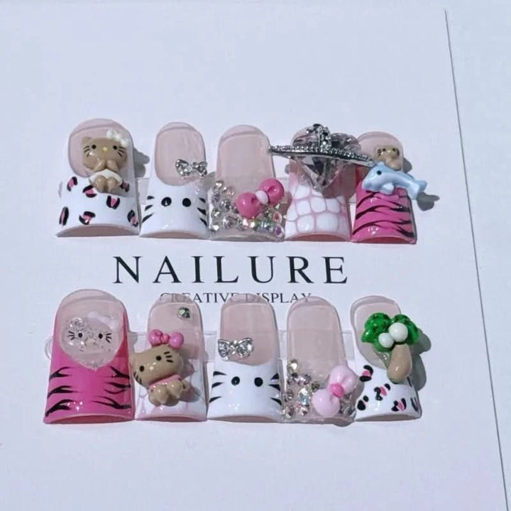 10pcs Handmade Nail Tips French 3D Hello Kitty Charm Decor Fake Nails Mid - length Duck Press on Nail Korean Sweet Lady Fake Nails - Nikki Love Nails