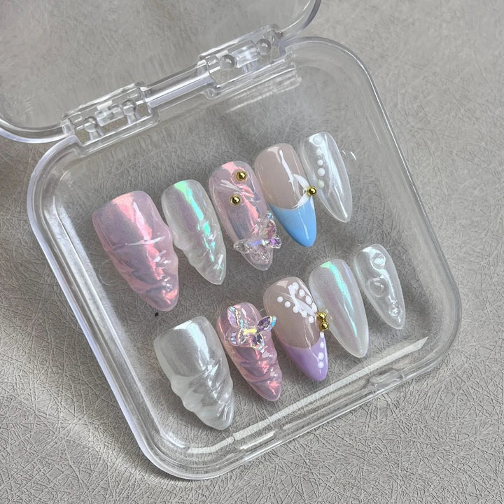 10pcs Handmade Press on Nails 3D Colorful Aurora Butterfly Design Fake Nails Wearable Shiny French Almond False Nails with Box - Nikki Love Nails