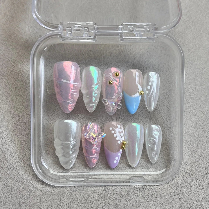 10pcs Handmade Press on Nails 3D Colorful Aurora Butterfly Design Fake Nails Wearable Shiny French Almond False Nails with Box - Nikki Love Nails