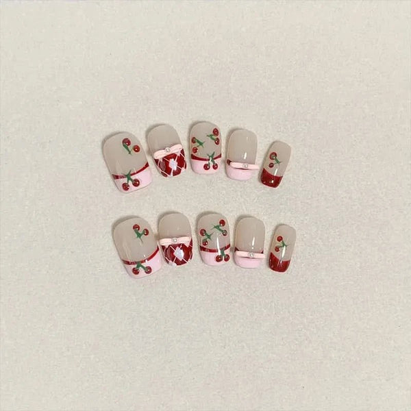 10pcs Handmade Press on Nails Cute Cherry Short Almond Fake Nail Patch Wearable Full Cover French False Nail Tips for Girl Women - Nikki Love Nails