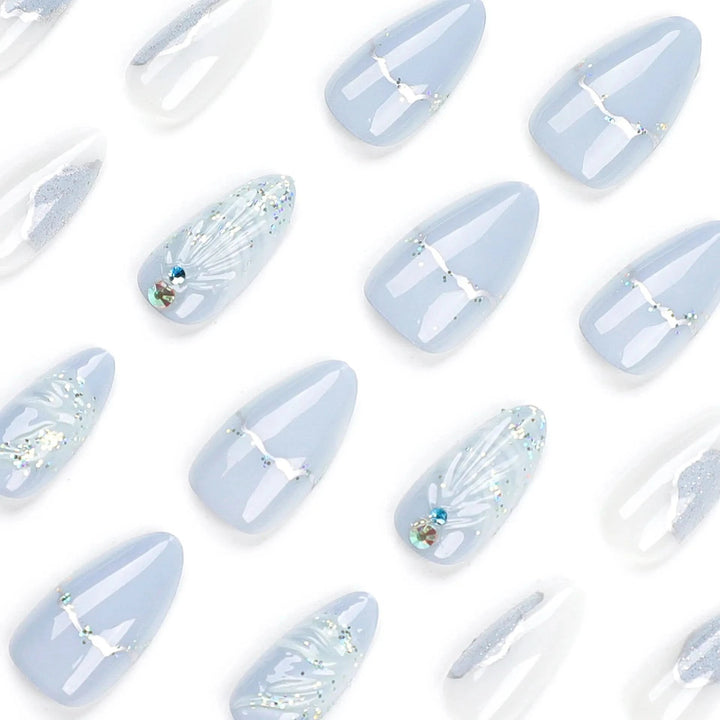 24pcs 3D Droplet Shell Press on Nails Light Blue Sea Almond Shaped Fake Nail Patches Fashion y2k Art Style False Nail Wearable - Nikki Love Nails