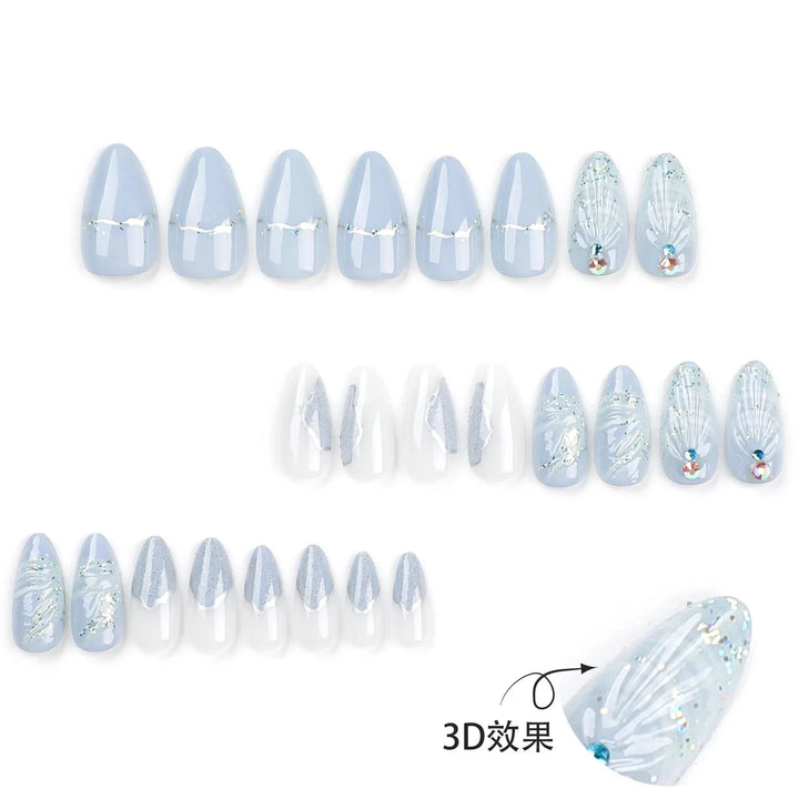 24pcs 3D Droplet Shell Press on Nails Light Blue Sea Almond Shaped Fake Nail Patches Fashion y2k Art Style False Nail Wearable - Nikki Love Nails