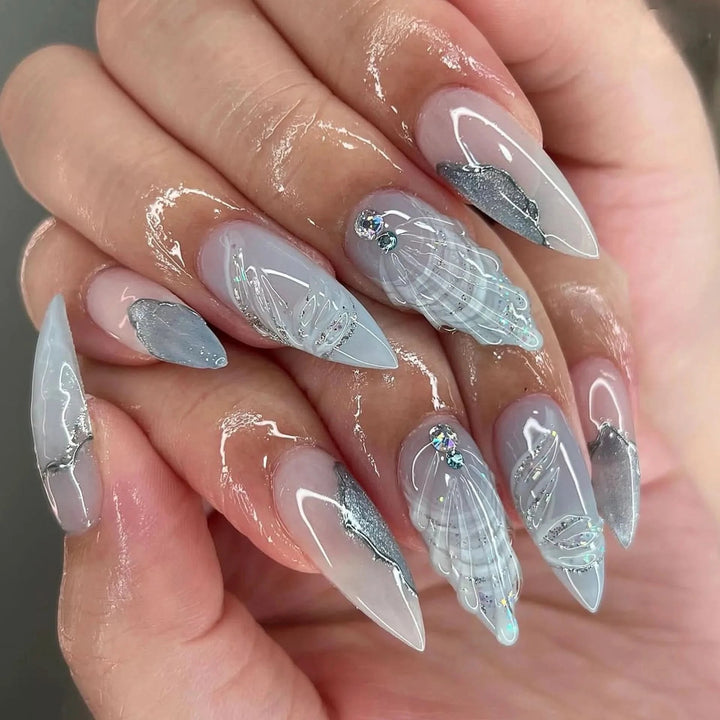 24pcs 3D Droplet Shell Press on Nails Light Blue Sea Almond Shaped Fake Nail Patches Fashion y2k Art Style False Nail Wearable - Nikki Love Nails