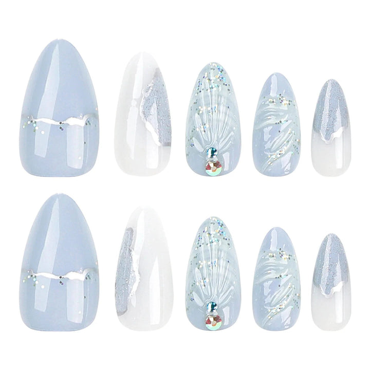 24pcs 3D Droplet Shell Press on Nails Light Blue Sea Almond Shaped Fake Nail Patches Fashion y2k Art Style False Nail Wearable - Nikki Love Nails