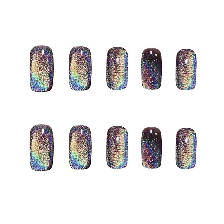 24pcs Aurora False Nail Cat Eye Black Fake Nail Full Cover Glitter Coffin Press on Nail Bride Lady Manicure Acrylic Nail Tip - Nikki Love Nails