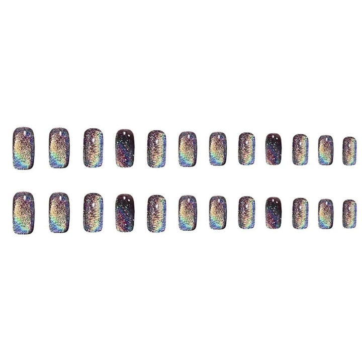 24pcs Aurora False Nail Cat Eye Black Fake Nail Full Cover Glitter Coffin Press on Nail Bride Lady Manicure Acrylic Nail Tip - Nikki Love Nails