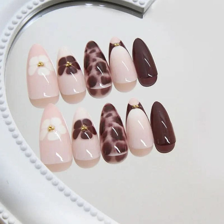 24pcs Autumn Brown French Fake Nails Sweet Cool Wearing False Nails Wearable Full Cover Leopard Print Almond Press on Nails - Nikki Love Nails