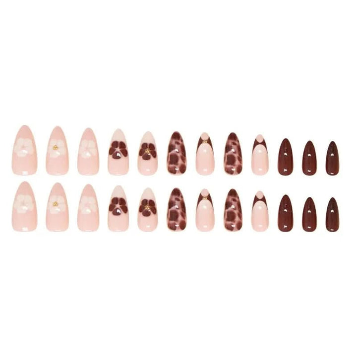 24pcs Autumn Brown French Fake Nails Sweet Cool Wearing False Nails Wearable Full Cover Leopard Print Almond Press on Nails - Nikki Love Nails