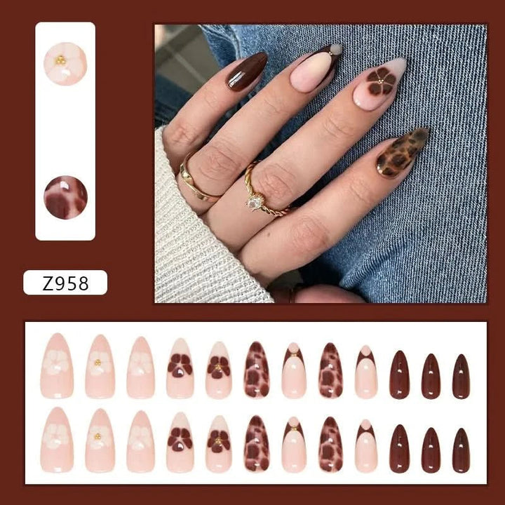 24pcs Autumn Brown French Fake Nails Sweet Cool Wearing False Nails Wearable Full Cover Leopard Print Almond Press on Nails - Nikki Love Nails