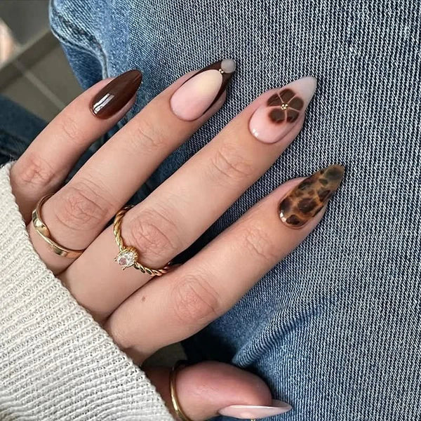 24pcs Autumn Brown French Fake Nails Sweet Cool Wearing False Nails Wearable Full Cover Leopard Print Almond Press on Nails - Nikki Love Nails