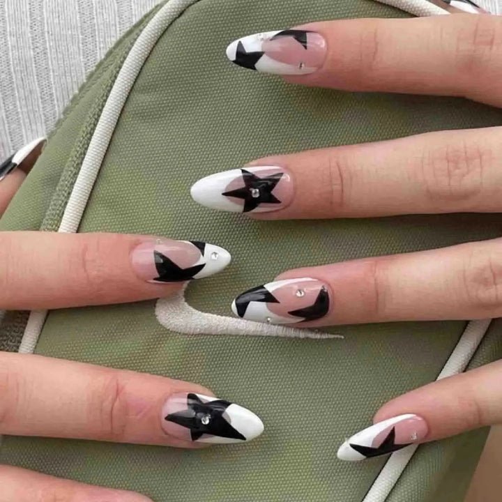 24pcs Black Star False Nail Tips y2k Style Fake Nails Manicure Set Almond False Nail Patch for Girl Women Wearable Full Cover - Nikki Love Nails