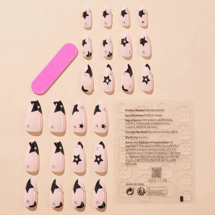 24pcs Black Star False Nail Tips y2k Style Fake Nails Manicure Set Almond False Nail Patch for Girl Women Wearable Full Cover - Nikki Love Nails