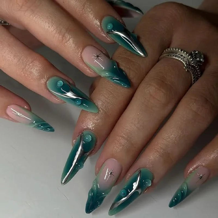 24pcs Blue Ocean Series False Nails Aurora Mermaid Shell Pearl Design Fake Nails Fairy Sweet Style French Almond Press on Nails - Nikki Love Nails