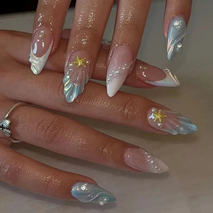 24pcs Blue Ocean Series False Nails Aurora Mermaid Shell Pearl Design Fake Nails Fairy Sweet Style French Almond Press on Nails - Nikki Love Nails