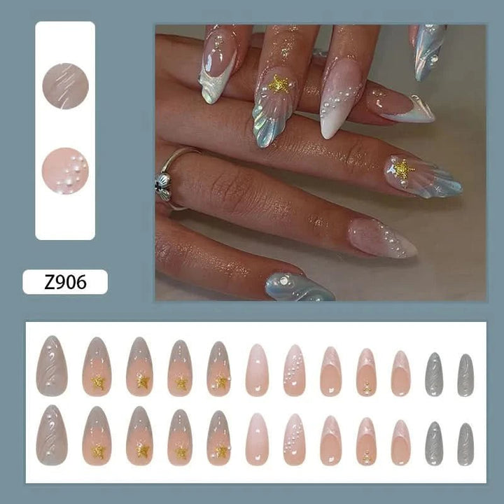 24pcs Blue Ocean Series False Nails Aurora Mermaid Shell Pearl Design Fake Nails Fairy Sweet Style French Almond Press on Nails - Nikki Love Nails