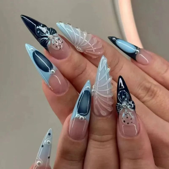 24pcs Blue Ocean Series False Nails Aurora Mermaid Shell Pearl Design Fake Nails Fairy Sweet Style French Almond Press on Nails - Nikki Love Nails