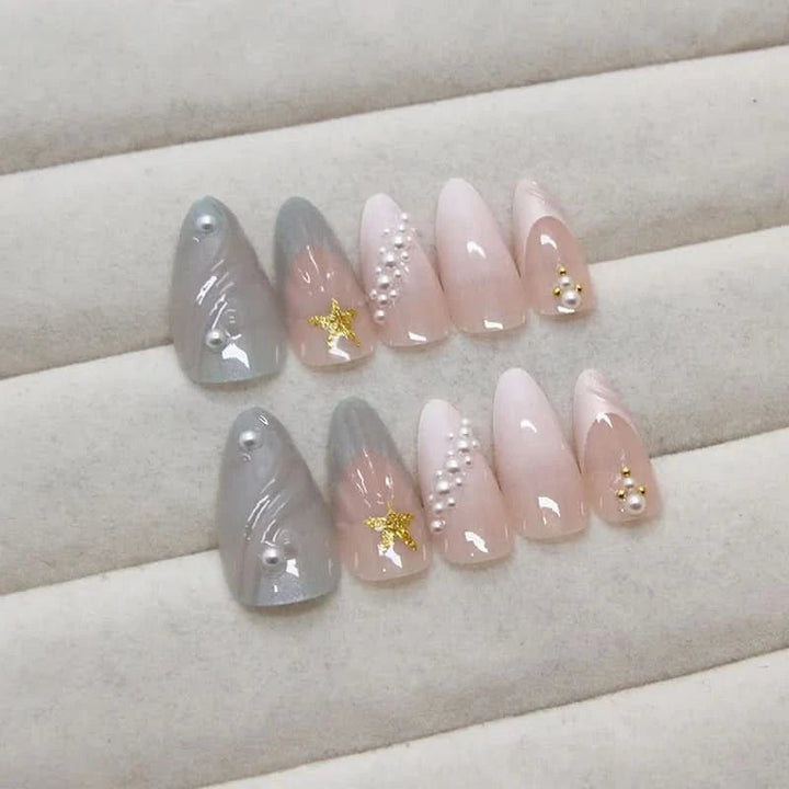 24pcs Blue Ocean Series False Nails Aurora Mermaid Shell Pearl Design Fake Nails Fairy Sweet Style French Almond Press on Nails - Nikki Love Nails