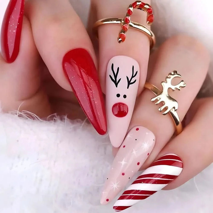 24pcs Christmas False Nails Shiny Green Deer Gift Box Pattern Mid Length Coffin Ballet Fake Nails 2025 New Year Press on Nails - Nikki Love Nails