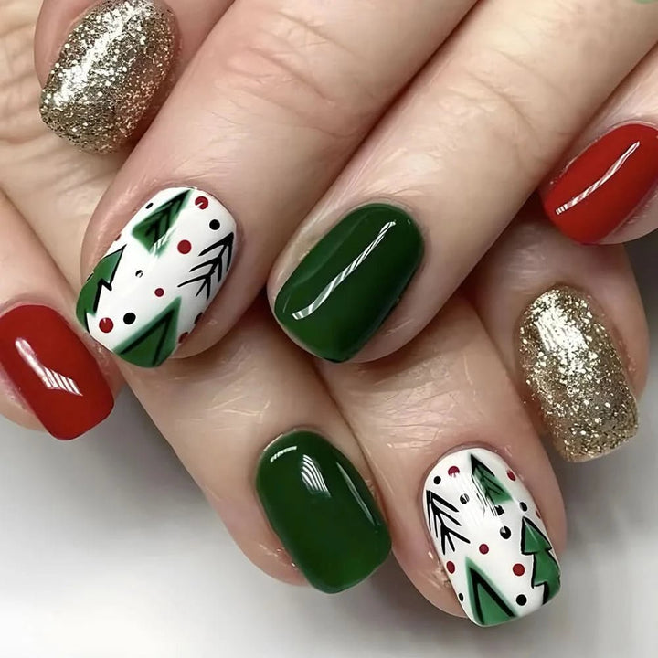 24pcs Christmas False Nails Shiny Green Deer Gift Box Pattern Mid Length Coffin Ballet Fake Nails 2025 New Year Press on Nails - Nikki Love Nails