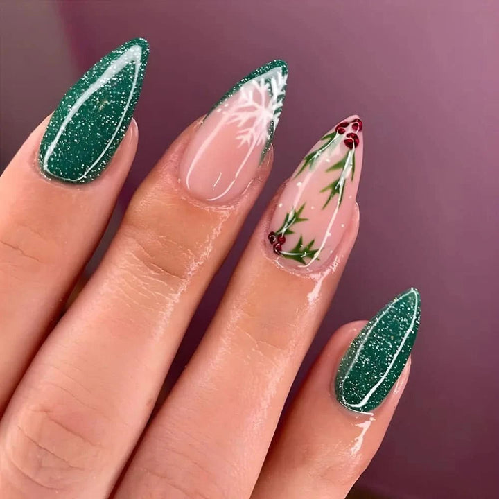 24pcs Christmas False Nails Shiny Green Deer Gift Box Pattern Mid Length Coffin Ballet Fake Nails 2025 New Year Press on Nails - Nikki Love Nails