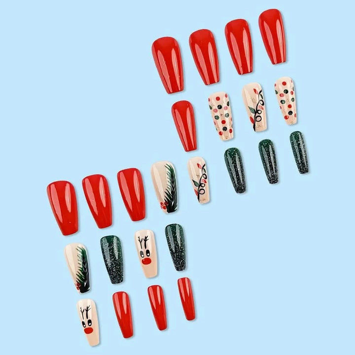 24pcs Christmas False Nails Shiny Green Deer Gift Box Pattern Mid Length Coffin Ballet Fake Nails 2025 New Year Press on Nails - Nikki Love Nails