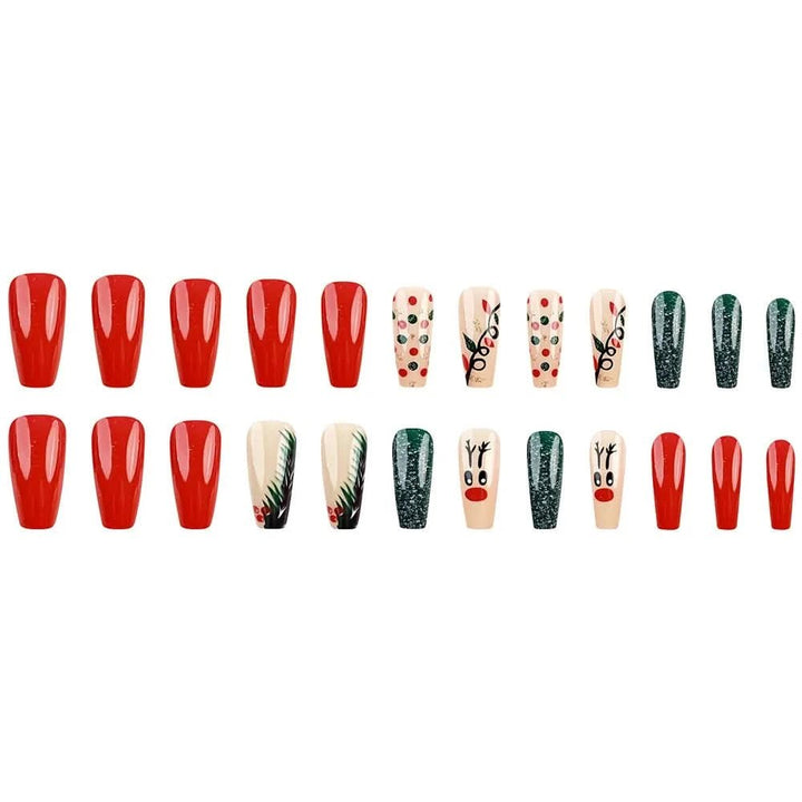 24pcs Christmas False Nails Shiny Green Deer Gift Box Pattern Mid Length Coffin Ballet Fake Nails 2025 New Year Press on Nails - Nikki Love Nails