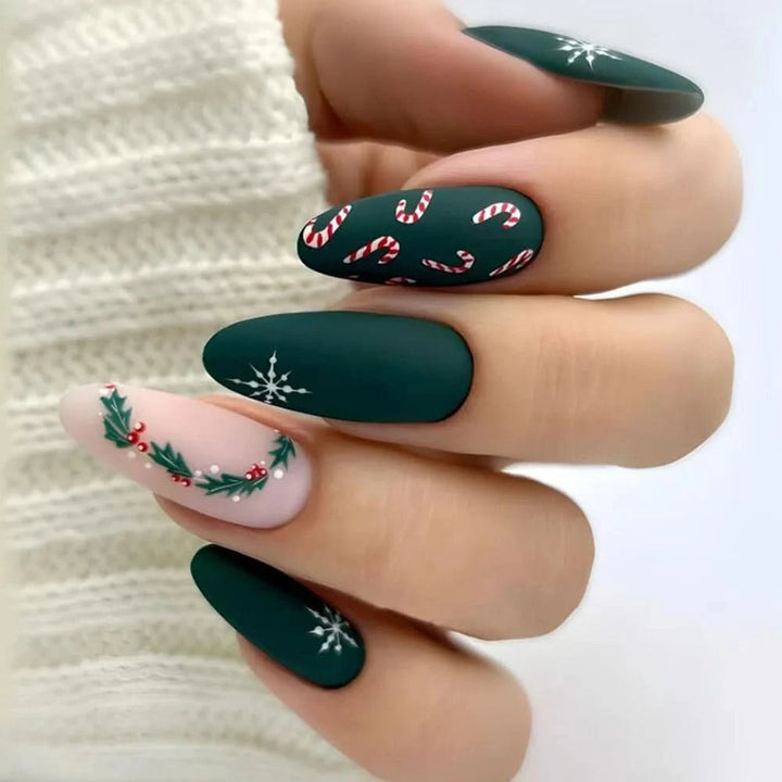 24pcs Christmas False Nails Shiny Green Deer Gift Box Pattern Mid Length Coffin Ballet Fake Nails 2025 New Year Press on Nails - Nikki Love Nails