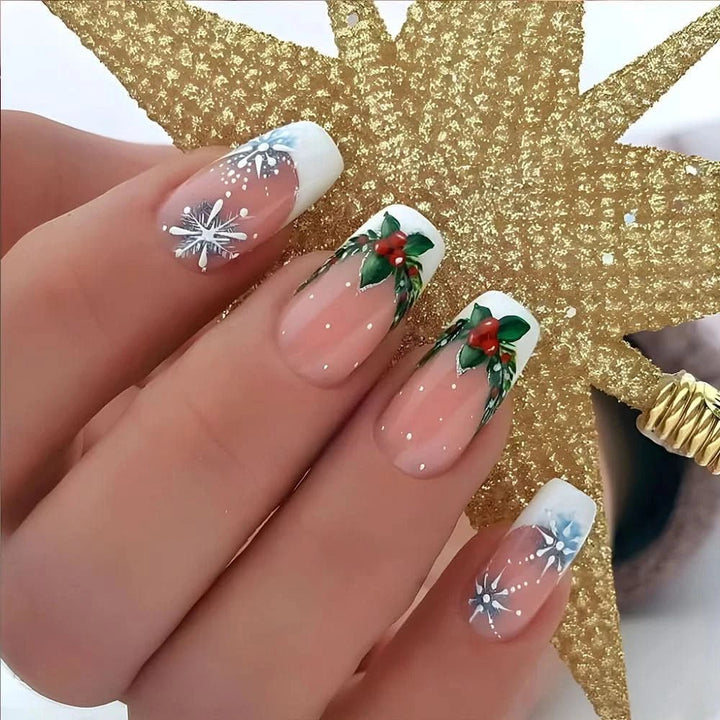 24pcs Christmas False Nails Shiny Green Deer Gift Box Pattern Mid Length Coffin Ballet Fake Nails 2025 New Year Press on Nails - Nikki Love Nails