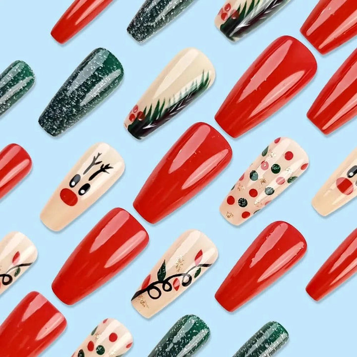 24pcs Christmas False Nails Shiny Green Deer Gift Box Pattern Mid Length Coffin Ballet Fake Nails 2025 New Year Press on Nails - Nikki Love Nails