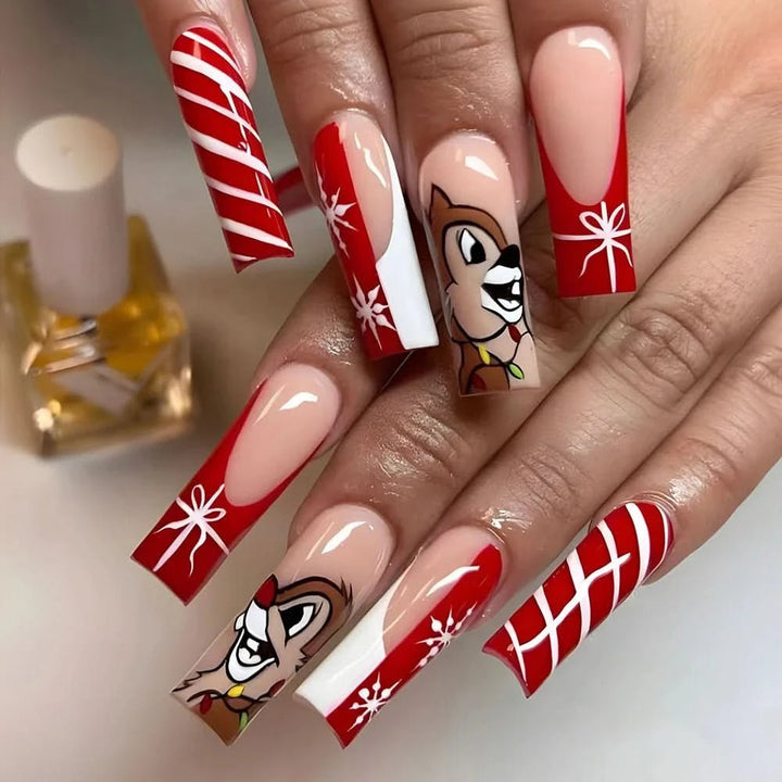 24pcs Christmas False Nails Shiny Green Deer Gift Box Pattern Mid Length Coffin Ballet Fake Nails 2025 New Year Press on Nails - Nikki Love Nails