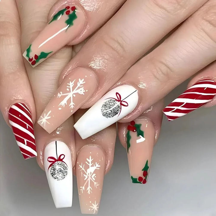 24pcs Christmas False Nails Shiny Green Deer Gift Box Pattern Mid Length Coffin Ballet Fake Nails 2025 New Year Press on Nails - Nikki Love Nails