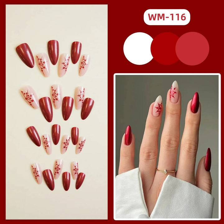 24pcs Christmas Hat Fake Nails Almond French Press on Nails Wearable Resuable False Nail Tips Manicure Christmas Gift for Girl - Nikki Love Nails