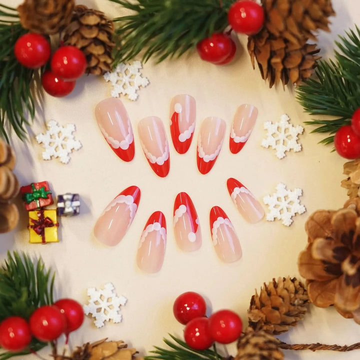 24pcs Christmas Hat Fake Nails Almond French Press on Nails Wearable Resuable False Nail Tips Manicure Christmas Gift for Girl - Nikki Love Nails