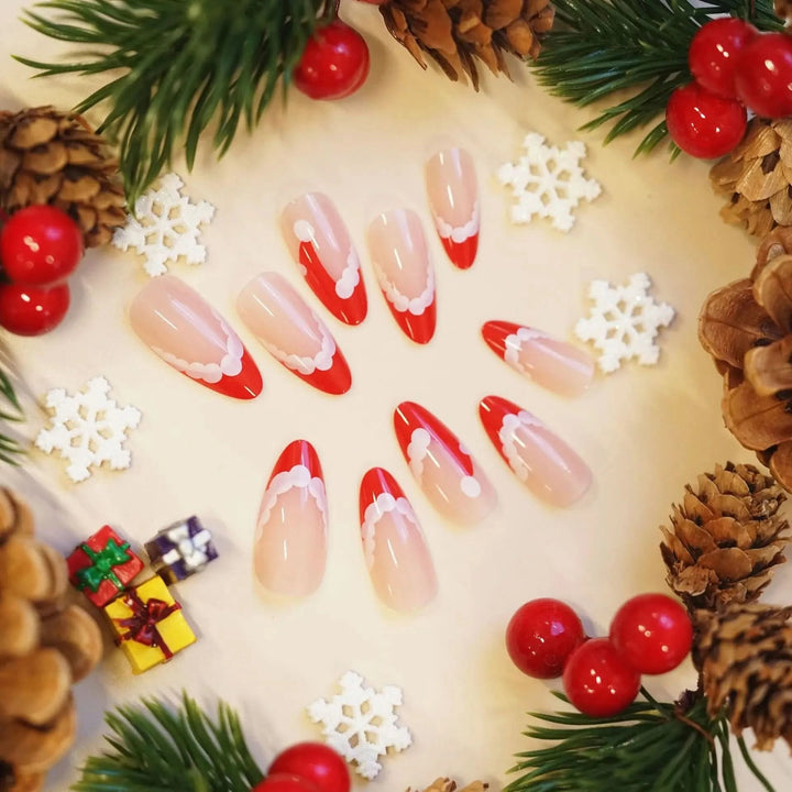 24pcs Christmas Hat Fake Nails Almond French Press on Nails Wearable Resuable False Nail Tips Manicure Christmas Gift for Girl - Nikki Love Nails