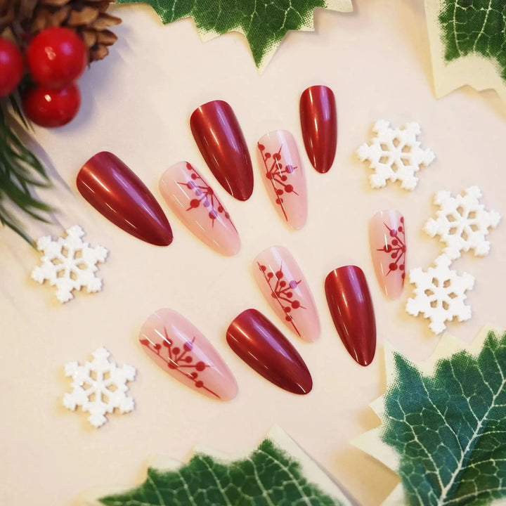 24pcs Christmas Hat Fake Nails Almond French Press on Nails Wearable Resuable False Nail Tips Manicure Christmas Gift for Girl - Nikki Love Nails