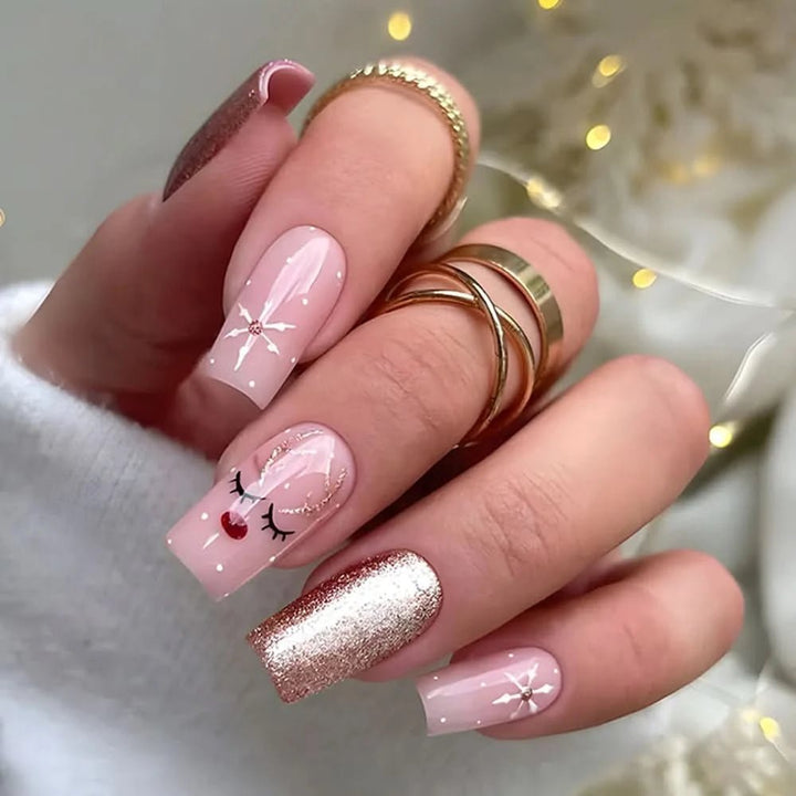 24pcs Christmas Hat Fake Nails Sweet Elk Deer False Nails Wearable Detachable Short French Press on Nails for Christmas Gifts - Nikki Love Nails