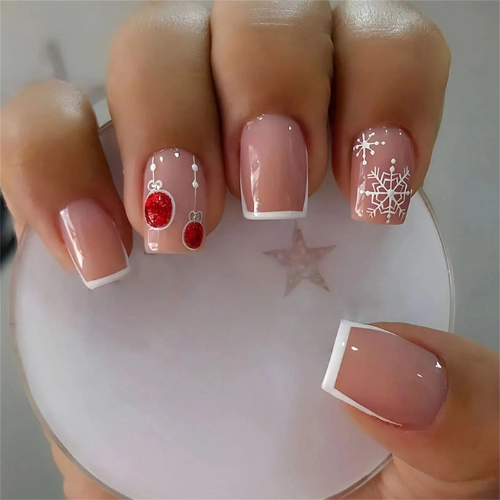 24pcs Christmas Hat Fake Nails Sweet Elk Deer False Nails Wearable Detachable Short French Press on Nails for Christmas Gifts - Nikki Love Nails