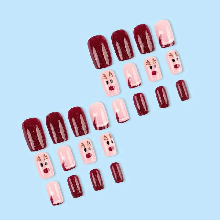 24pcs Christmas Hat Fake Nails Sweet Elk Deer False Nails Wearable Detachable Short French Press on Nails for Christmas Gifts - Nikki Love Nails