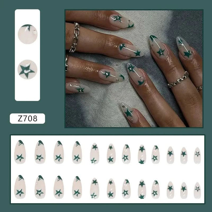 24Pcs Cool y2k False Nails Green Star Printed Design Almond Fake Nail Patch for Girl Wearable Ins Artificial nails Free Shipping - Nikki Love Nails