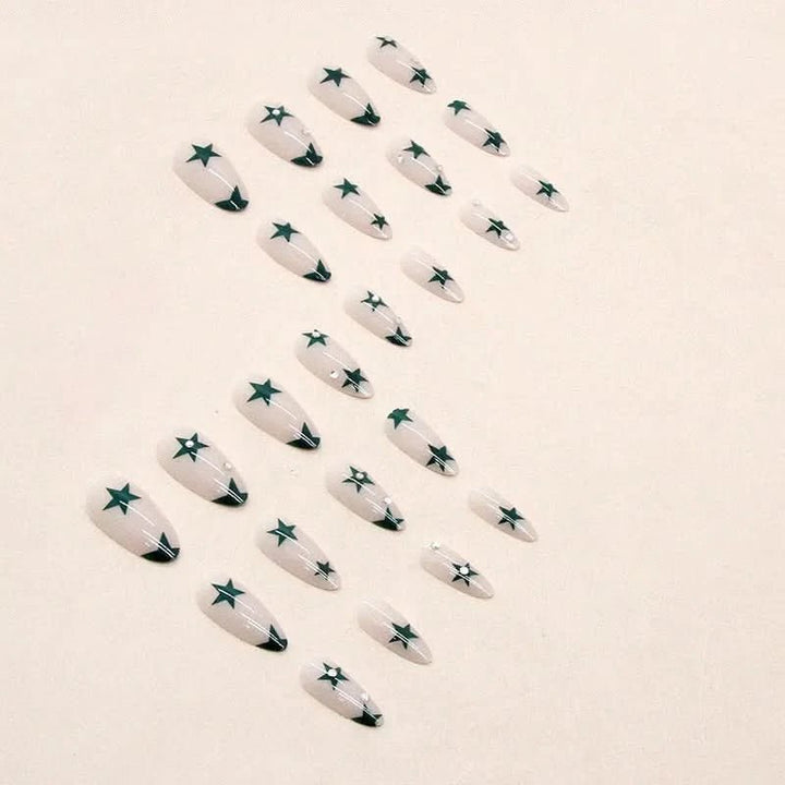 24Pcs Cool y2k False Nails Green Star Printed Design Almond Fake Nail Patch for Girl Wearable Ins Artificial nails Free Shipping - Nikki Love Nails