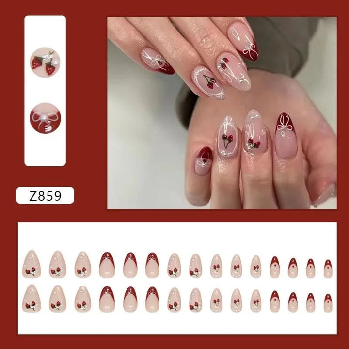 24pcs Cute Cherry Fake Nail Patch Red French Bowknot Decor Fake Nails Wearable Full Cover Korean Style Almond Press on Nails - Nikki Love Nails