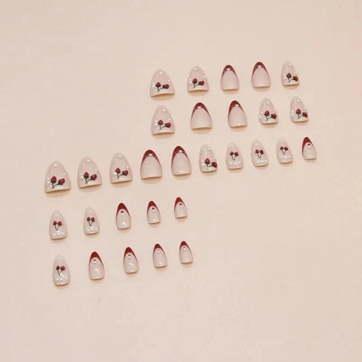 24pcs Cute Cherry Fake Nail Patch Red French Bowknot Decor Fake Nails Wearable Full Cover Korean Style Almond Press on Nails - Nikki Love Nails