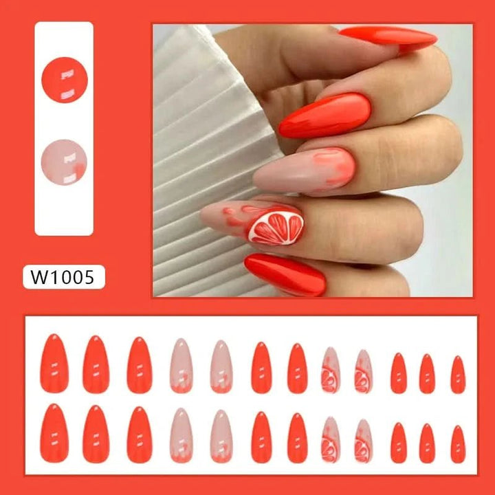 24pcs Cute Fruit False Nail Short Persimmon Orange Printed Press on Nail Manicure Patch Full Cover Detachable Acrylic Nail Tips - Nikki Love Nails