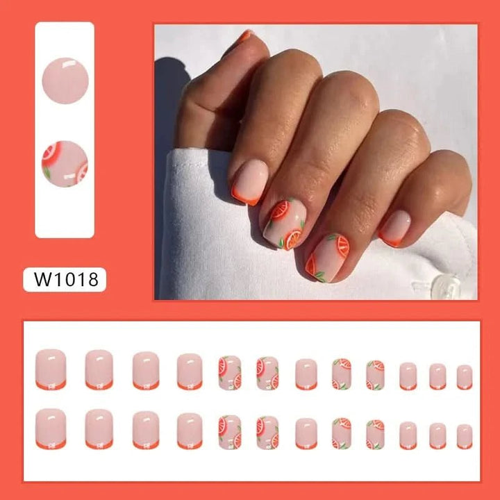 24pcs Cute Fruit False Nail Short Persimmon Orange Printed Press on Nail Manicure Patch Full Cover Detachable Acrylic Nail Tips - Nikki Love Nails