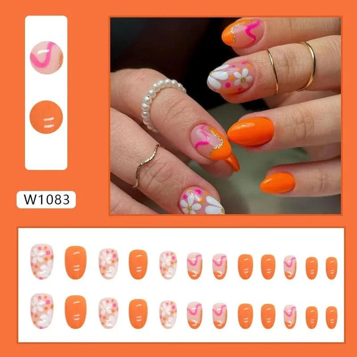 24pcs Cute Fruit False Nail Short Persimmon Orange Printed Press on Nail Manicure Patch Full Cover Detachable Acrylic Nail Tips - Nikki Love Nails