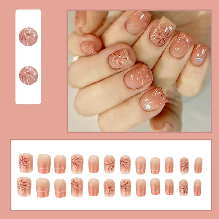 24pcs Cute Fruit False Nail Short Persimmon Orange Printed Press on Nail Manicure Patch Full Cover Detachable Acrylic Nail Tips - Nikki Love Nails